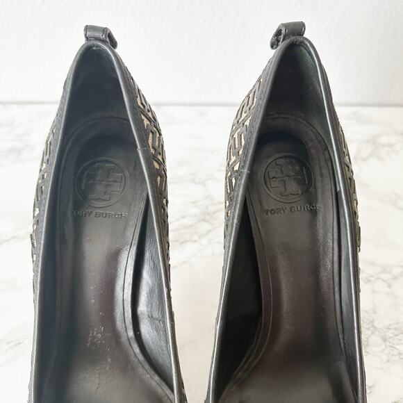 Tory Burch Regan Signature Logo Wood Platform Peep Toe Heels Women’s Size 11 - Picture 4 of 14